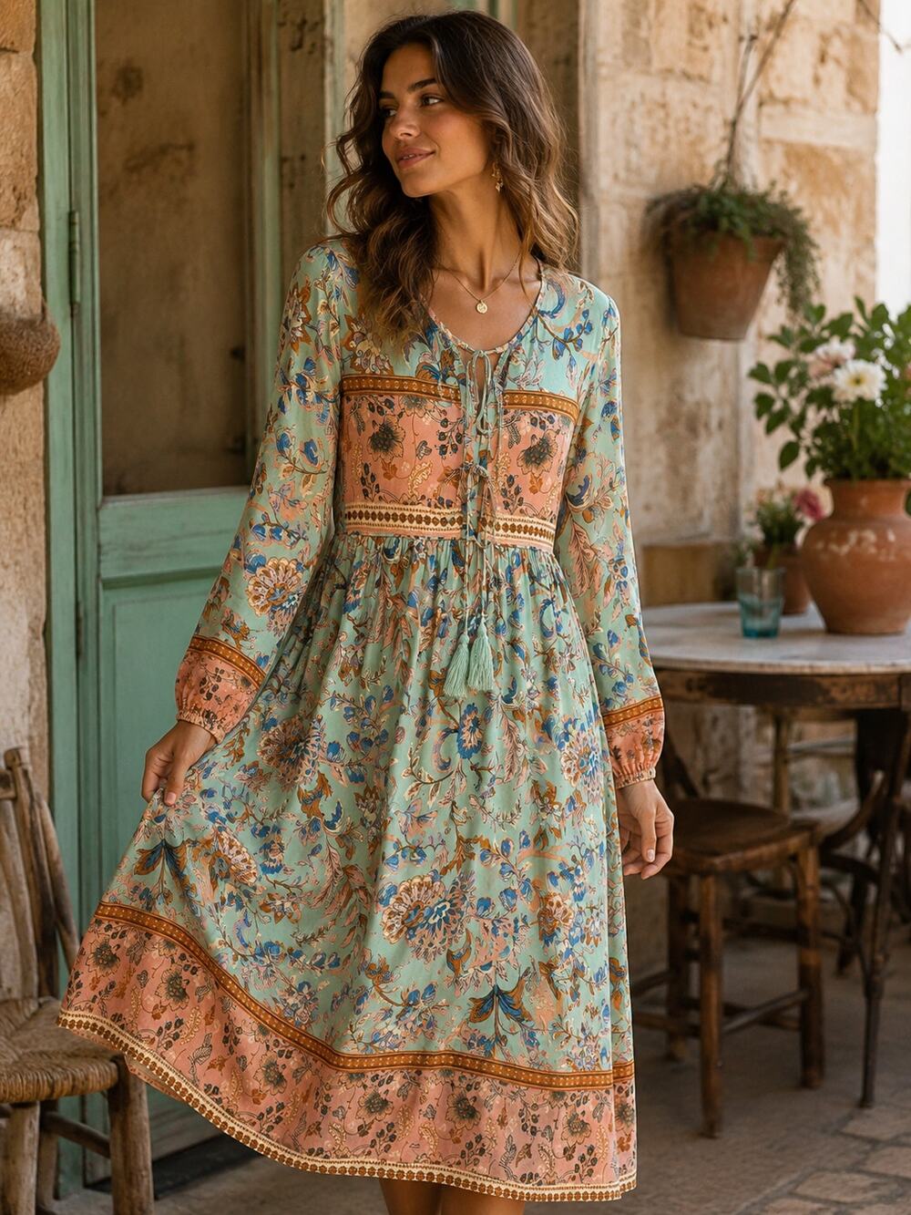 R.Vivimos sage and peach Sz 6 floral boho long-sleeve midi dress